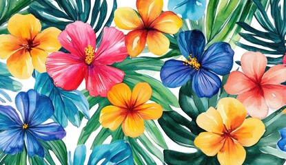 Vibrant tropical floral pattern.  Colorful hibiscus and palm leaves