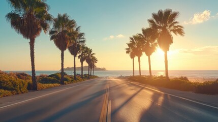 Coastal Highway Paradise: A scenic coastal highway, framed by towering palm trees, leads towards the horizon, bathed in the warm, golden glow of a sunrise or sunset over the ocean.