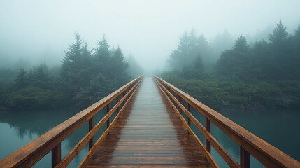 Naklejka premium Misty forest bridge over tranquil water