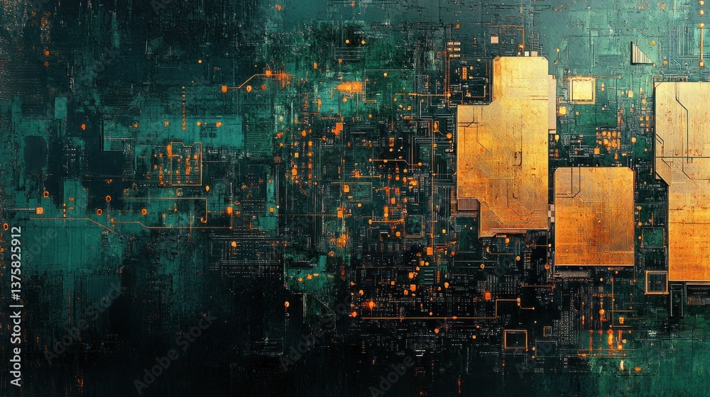 Poster abstract technological artwork depicting circuit patterns and digital networks in a dark green and g