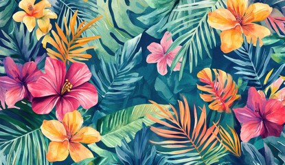Vibrant tropical floral pattern. Lush foliage and blossoms in vibrant colors