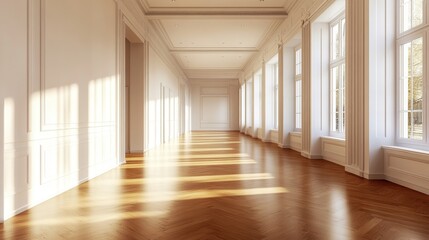 Obraz premium Contemporary art gallery with spacious white walls and wooden floors.