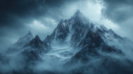 Majestic snow-capped mountains shrouded in mist, dramatic sky, inspirational landscape