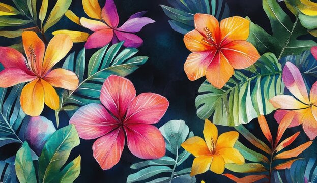 Vibrant tropical flower and leaf pattern on dark background.  Intricate botanical design featuring hibiscus and exotic foliage in a variety of bright colors.  Full of energy and life