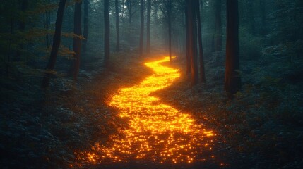 Fototapeta premium Mystical forest path glowing orange in fog