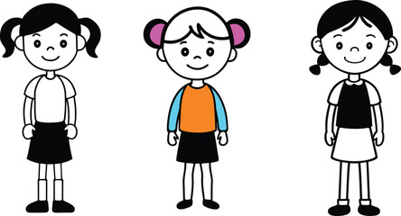 Simple black and white line drawing of a young girl icon vector illustration.