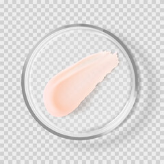 Pink lip balm smear stroke in transparent glass Petri Dish realistic vector illustration isolated. Beauty skincare cosmetic product tests and research