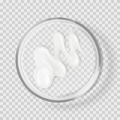 Clear gel smear stroke in transparent glass petri dish realistic vector illustration isolated. Beauty skincare cosmetic products concept laboratory tests and research