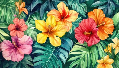Vibrant tropical flower arrangement. Lush hibiscus blooms in various hues of orange, yellow, red, and pink, amidst a backdrop of vibrant green tropical leaves