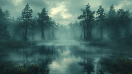 Fototapeta premium Misty forest lake, tranquil scene, morning fog, tall pines, reflecting sky
