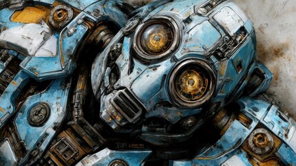 Close Up of Weathered Blue and Grey Robot Head