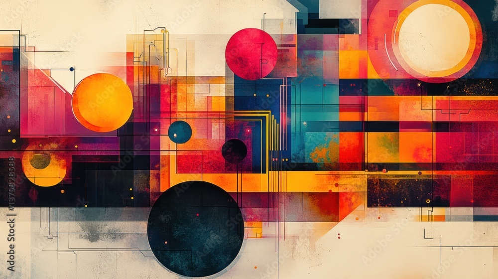 Poster geometric abstraction with layered shapes and vibrant colors creating a modern and dynamic visual co