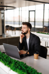 Mmm...I wonder. Handsome young businessman looking thoughtful while working on his laptop in the office.