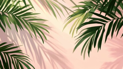 Fototapeta premium Palm leaves create a tropical ambiance with shadows on a soft pink background in a serene setting