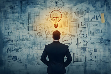 Businessman stands before wall of ideas, illuminated by glowing lightbulb symbolizing innovation, creativity, and strategic thinking.