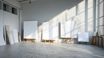 A clean open space styled for a team workshop with blank canvases and inspiration boards. digital