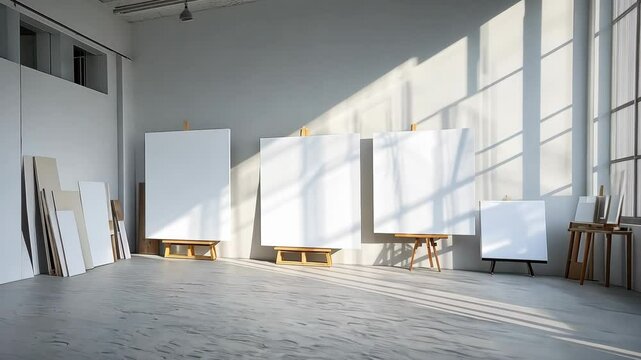 A clean open space styled for a team workshop with blank canvases and inspiration boards. digital