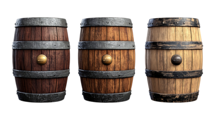 Barrels Set of Three Different Poses on Transparent Background for Farm Branding, Rustic Decor, or Industrial Design
