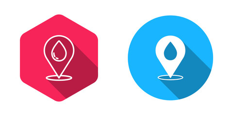 Filled and outline Water drop with location icon isolated with long shadow background. Vector