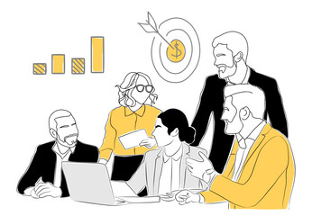 Business strategy concept scene vector outline illustration isolated on white background. Men, women, business team working together, taking part in business activities, meeting, discussing.