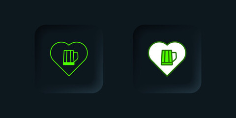 Green Heart with glass of beer icon isolated on black background. Black square button. Vector