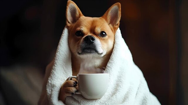 A joke portrait of red dog, wrapped in a white blanket with a steaming hot coffee cup. Concept of stay home, coffee in bed. Cute funny dog with a dissatisfied face. Good morning! Hello Monday! 4k