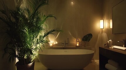 A sleek modern bathroom featuring a freestanding bathtub, a lush green plant, and soft lighting.