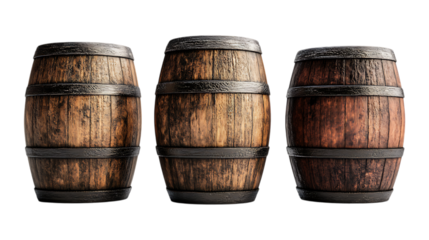 Barrels Set of Three Different Poses on Transparent Background for Farm Branding, Rustic Decor, or Industrial Design