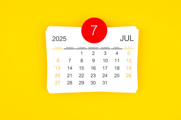 July 2025 card calendar on yellow background.