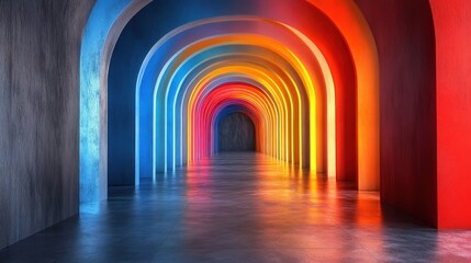 a mesmerizing hallway of vibrantly colored arches leading to a distant vanishing point creating a sense of depth and intrigue