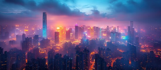 Obraz premium Aerial view of illuminated cityscape at dusk