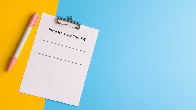 Tariff Inquiry: A clipboard with the question 'Increase Trade tariffs?' alongside a pen on a two-tone yellow and blue background