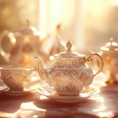 Elegant tea set in the sunlight.  Ornate porcelain tea pot and cup set, warm golden hues, vintage aesthetic.  Morning light streams through the window, creating a serene, inviting atmosphere