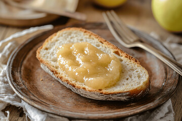 Traditional French Bread Slice with Smooth Applesauce on Rustic Plate