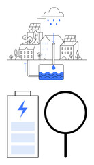 Obraz premium Solar panels atop houses collect energy, rainwater is stored underground, magnifying glass for analysis, and battery represents energy storage. Ideal for sustainability, renewable energy