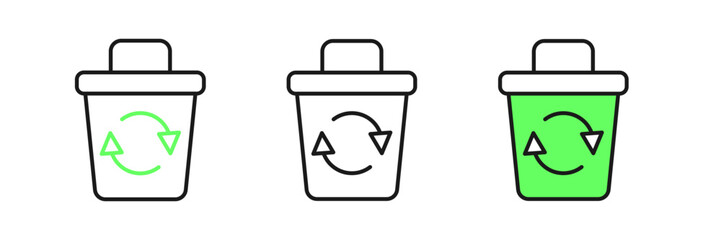 Set line Recycle bin with recycle symbol icon isolated on white background. Trash can icon. Garbage bin sign. Recycle basket sign. Vector