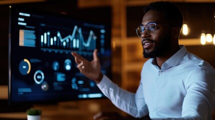 Businessman presents e-commerce growth data to diverse startup team