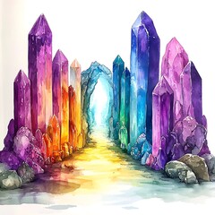 Watercolor Painting of a Rainbow Crystal Cave A Magical Pathway of Gemstones.