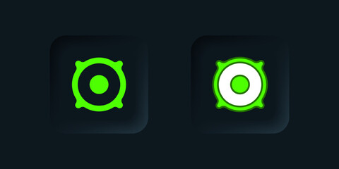 Green Stereo speaker icon isolated on black background. Sound system speakers. Music icon. Musical column speaker bass equipment. Black square button. Vector