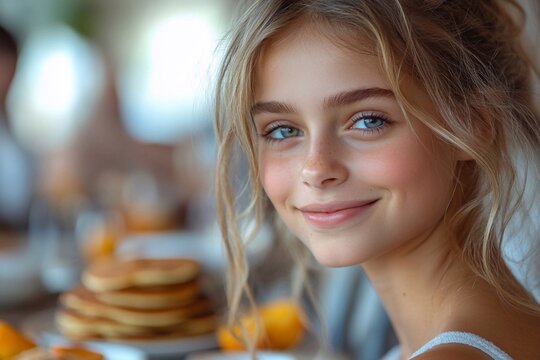 
A family breakfast on a weekend: everyone at the table is enjoying pancakes and fruit, smiling at each other.

