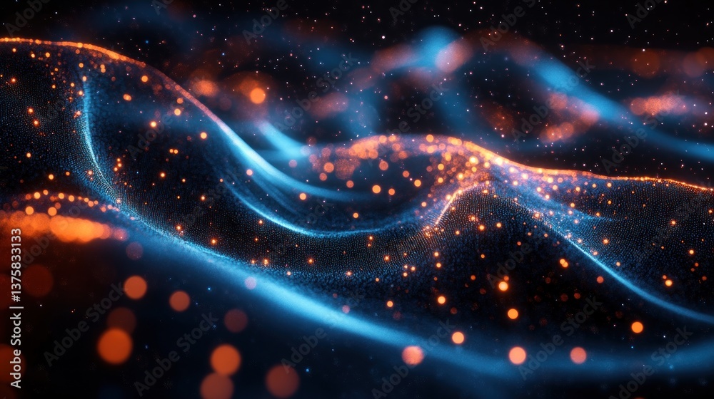 Poster abstract flowing particle wave with vibrant orange and blue colors against a dark space backdrop cre