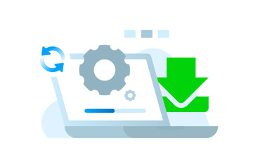 Laptop screen with gear, loading bar, and download icon representing software installation, system update, or file download process. Suitable for technology, software, and IT related concepts