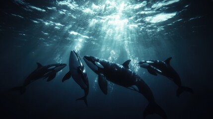 A pod of sleek orcas gliding effortlessly through the dark depths of the ocean.
