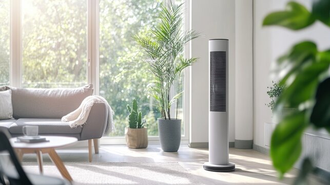 Sleek tower fan oscillating in a bright living room, cooling and fresh air