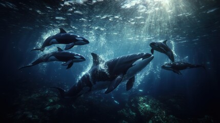 Obraz premium A pod of sleek orcas gliding effortlessly through the dark depths of the ocean. 