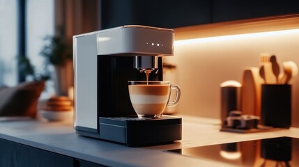 Smart coffee maker brewing a cappuccino, high-tech kitchen atmosphere