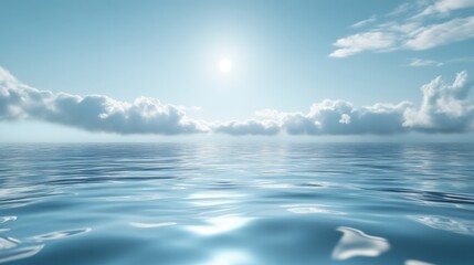 Obraz premium A serene ocean view with calm waters reflecting the sunlight and a clear blue sky adorned with fluffy clouds.