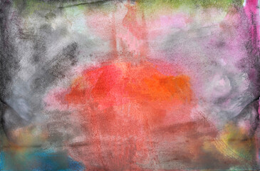 Abstract watercolor painting with a combination of  red, orange, pink and dark gray shades. 
