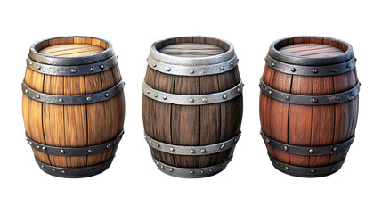 Barrels Set of Three Different Poses on Transparent Background for Farm Branding, Rustic Decor, or Industrial Design