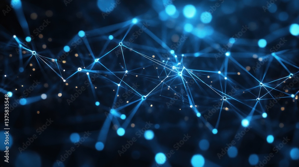Poster complex network structure with interconnected nodes and glowing lines symbolizing global communicati